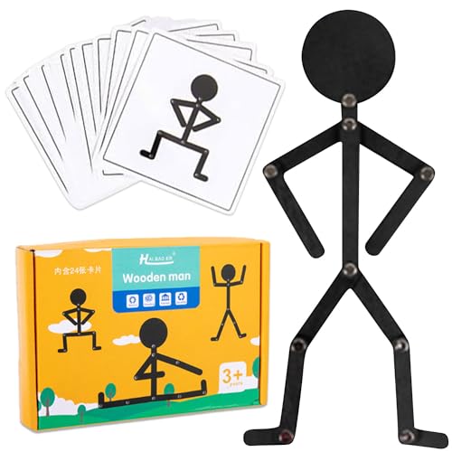 Gioco Stickman Educativo in Legno, Puzzle in Legno con 24 Carte Double Face, Gioco Stick Man, Uomo Sportivo in Legno per Bambini, Giocattolo Educativo per la Posa Sportiva per Bambini