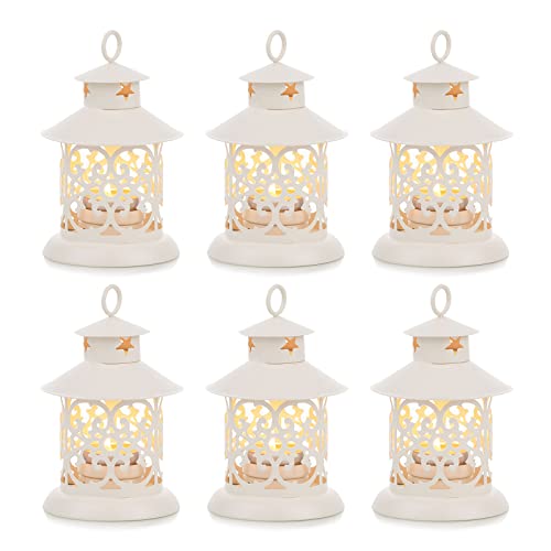 Romadedi Lanterna bianca decorativa – Set di 6 lanterne vintage in metallo piccolo con incisione per candele, decorazione da tavolo, matrimonio, Natale, Ramadan, balcone, giardino, esterno