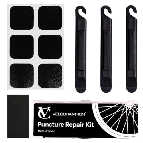 VeloChampion Kit Riparazione Foratura Pneumatici Autoadesivo Toppe + 3 Leve Pneumatici. Adatto per Mountain Bike, Ibrida o Bici da Strada