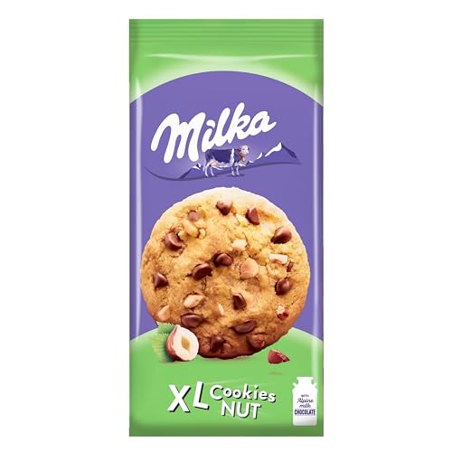Milka, Cookies XL Nut, Biscotto Maxi Croccante con Golose Pepite di Cioccolato al Latte Milka e Nocciole Tostate, con Latte Alpino, Cacao Sostenibile, 184g (8 biscotti da 23g)