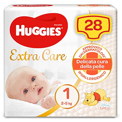 Huggies Pannolini Extra Care Bebè, Taglia 1 (2-5Kg), Confezione da 28 Pannolini